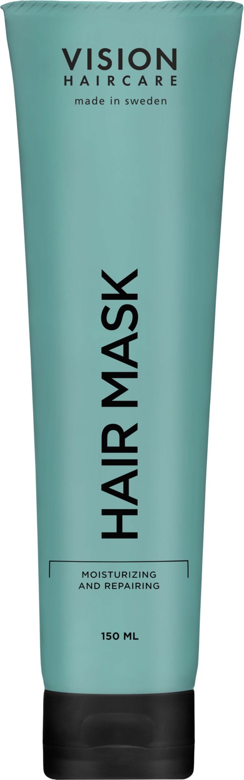 Ein türkisfarbener Tube mit der Aufschrift 'Vision Haircare', enthält eine Haarmaske zur Feuchtigkeitsversorgung und Reparatur, hergestellt in Schweden.