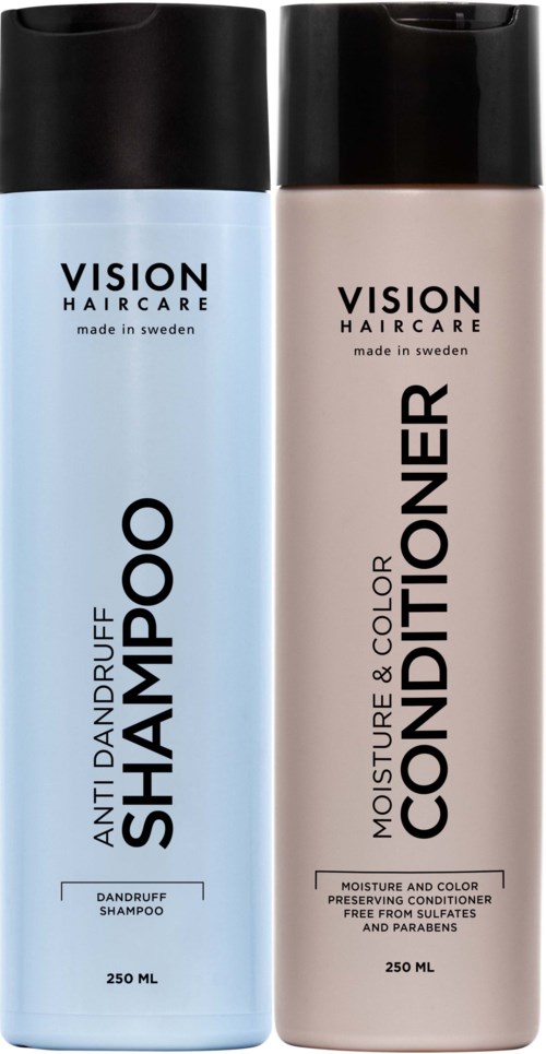 Two bottles of hair care products labeled 'Shampoo' and 'Conditioner' from the brand Vision Haircare, made in Sweden.