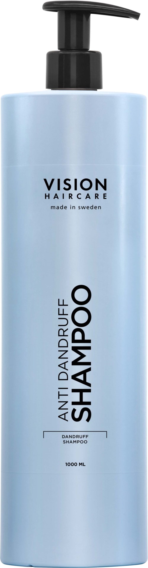 Pitkä sininen pullo, jossa musta annostelupumppu, merkintä 'Vision Haircare Anti Dandruff Shampoo, 1000 ml'.