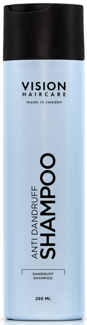 Vaaleansininen pullo mustalla korkilla, merkattu 'Vision Haircare Anti Dandruff Shampoo', valmistettu Ruotsissa, 250 ml.