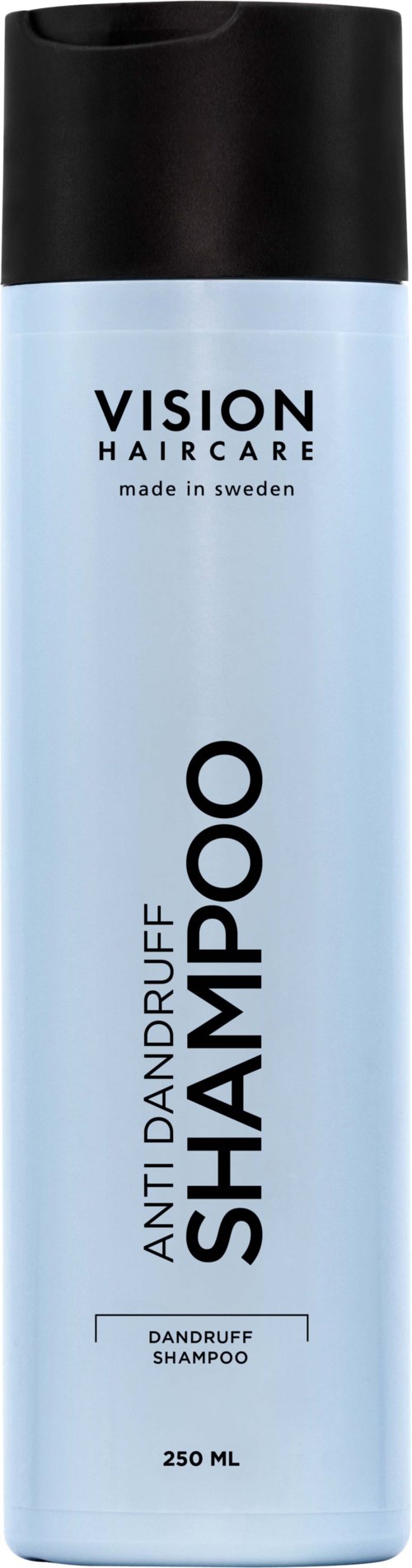 Vaaleansininen pullo ja musta korkki, merkinnät 'Vision Haircare' ja 'Anti Dandruff Shampoo' Suomesta.