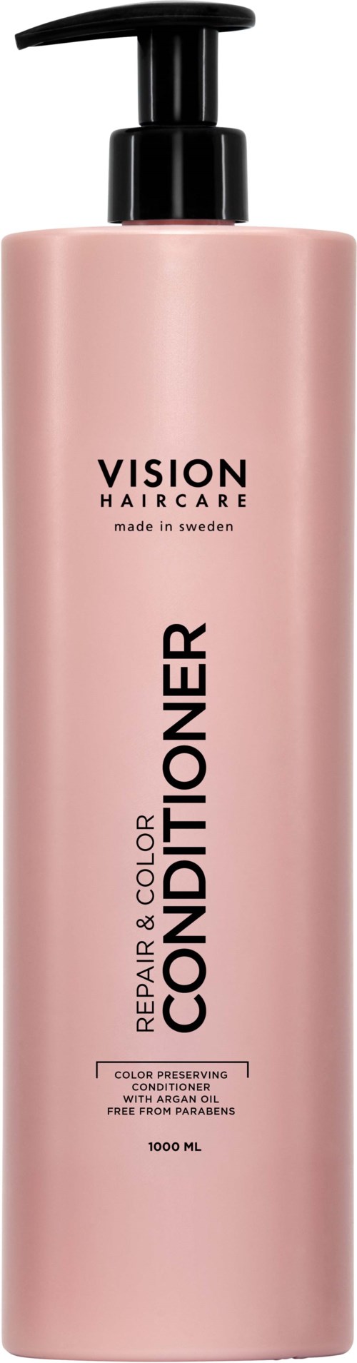 Eine pinke Flasche mit schwarzem Pumpen, beschriftet "Vision Haircare" und "Con conditioner" für Haarreparatur und Farbschutz.