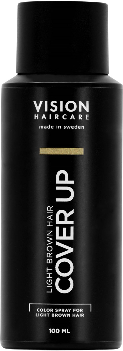 Eine schwarze zylindrische Flasche von VISION HAIRCARE mit weißem und goldigem Text, bezeichnet als Farbspray für hellbraunes Haar.
