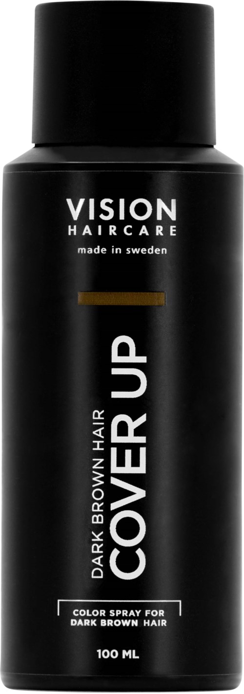 Schwarze Flasche mit weißen Text, beschriftet "Vision Haircare Dark Brown Hair Cover Up," 100 ml.