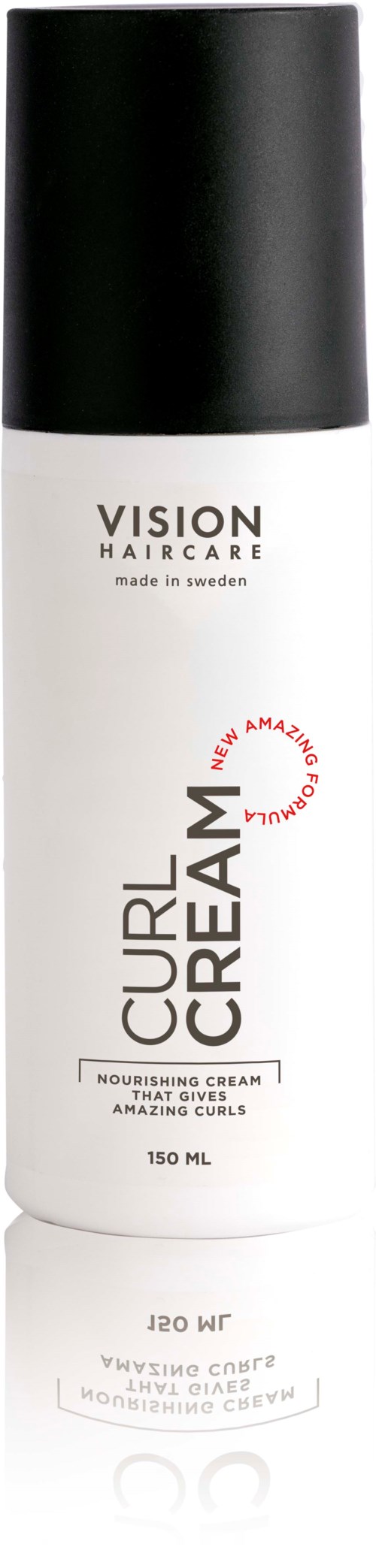 A white bottle with a black cap labeled 'Curl Cream' for hair, made in Sweden, with product details and benefits.