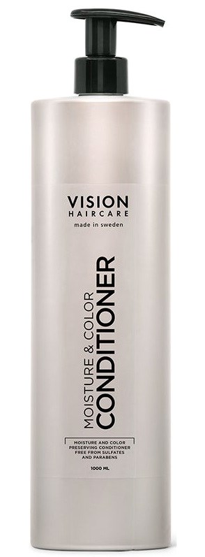 Eine lange, silberne Flasche mit schwarzem Pumpkopf, beschriftet 'VISION HAIRCARE Moisture & Color Conditioner', hergestellt in Schweden.