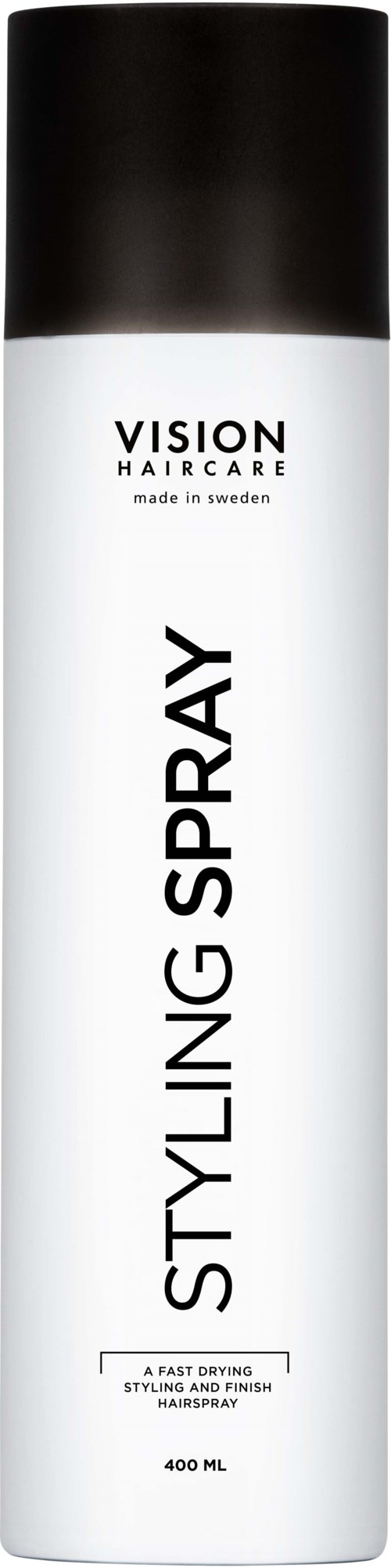 A tall white can with black top, labeled 'VISION HAIRCARE Styling Spray' from Sweden, 400 ML.