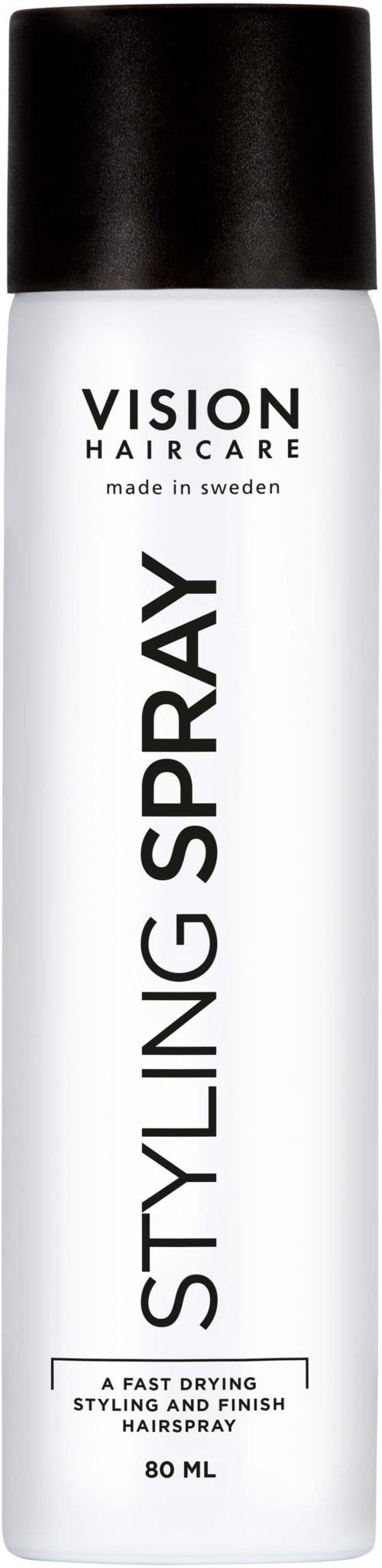 A white can with a black cap labeled 'Vision Haircare Styling Spray' for hair styling.,