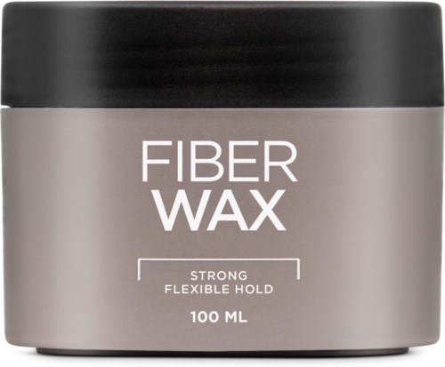 Ein grauer und schwarzer Behälter mit 'Fiber Wax' und 100 ml, für Haarschnitt.