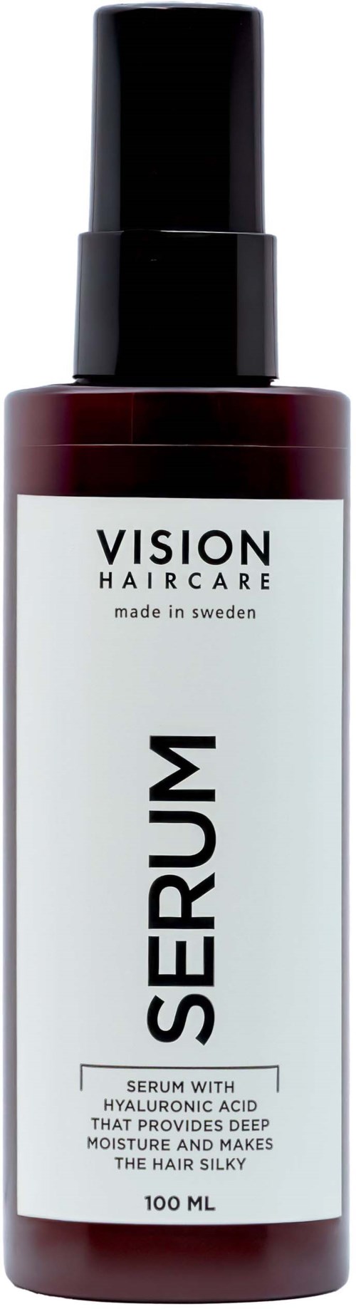 A hair serum bottle with a black pump, white label, and red cap, labeled "Vision Haircare" with details about hyaluronic acid.