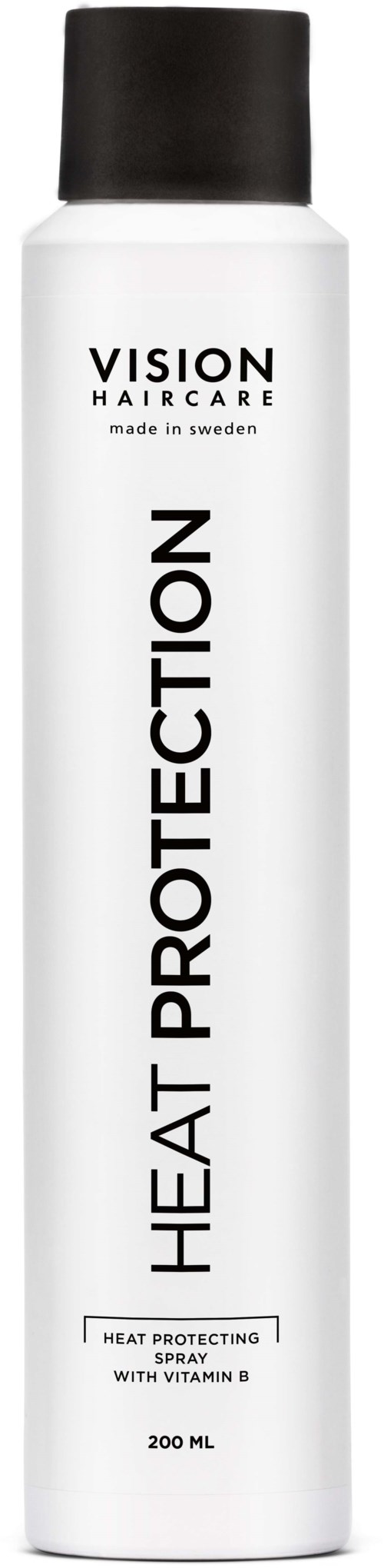 En vit cylindrisk burk med svart lock, märkt "Vision Haircare" och "Heat Protection" spray, innehållande 200 ml.