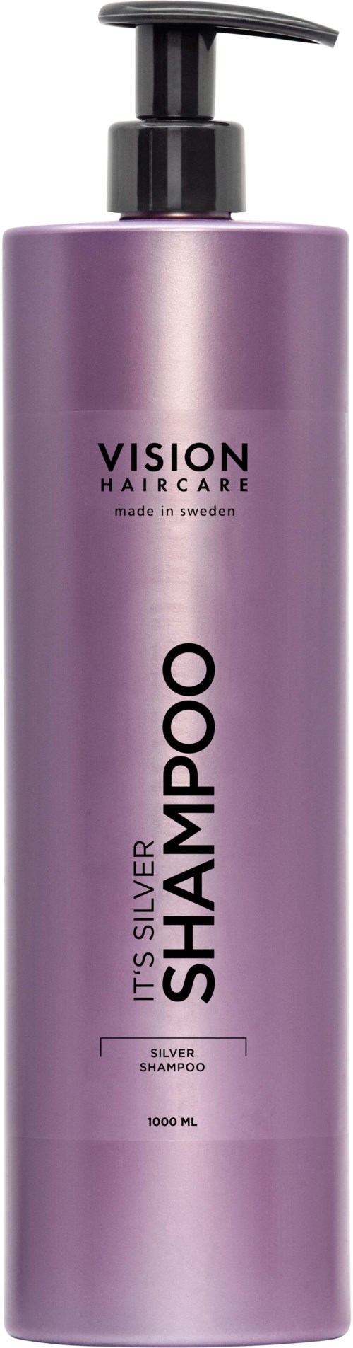 Purple bottle labeled 'Vision Haircare', 'Silver Shampoo', and 'Made in Sweden'. It has a black pump top.