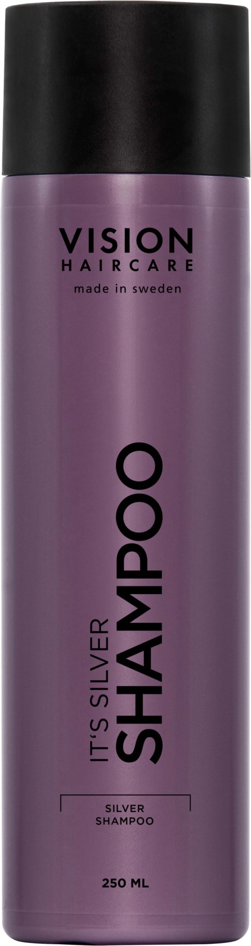 Eine lange lilafarbene Flasche mit schwarzem Deckel. Sie ist als Shampoo von Vision Haircare gekennzeichnet, hergestellt in Schweden.