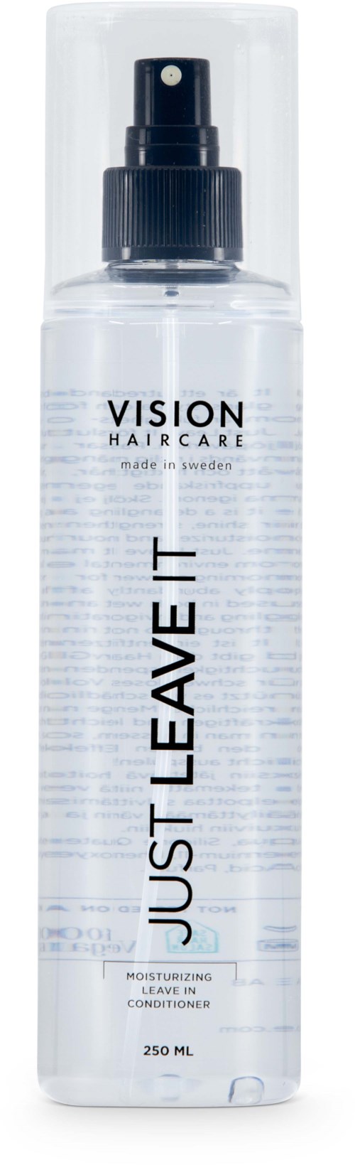 Transparente Sprühflasche mit schwarzen Sprühkopf, beschriftet 'Vision Haircare' und 'Just Leave It' für feuchtigkeitsspendendes Haar.