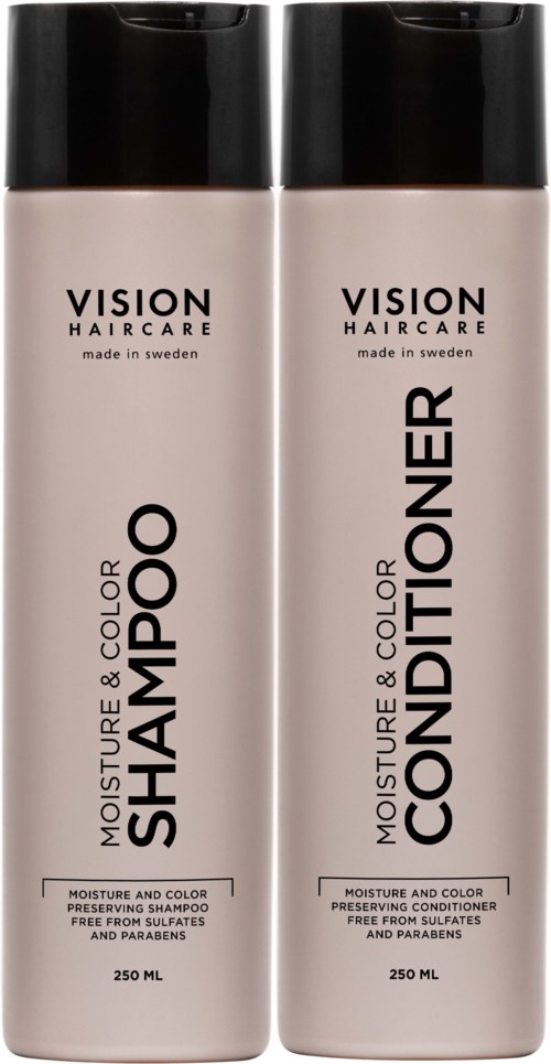 Two bottles of hair care products, one shampoo and one conditioner, with black caps and light-colored labels.