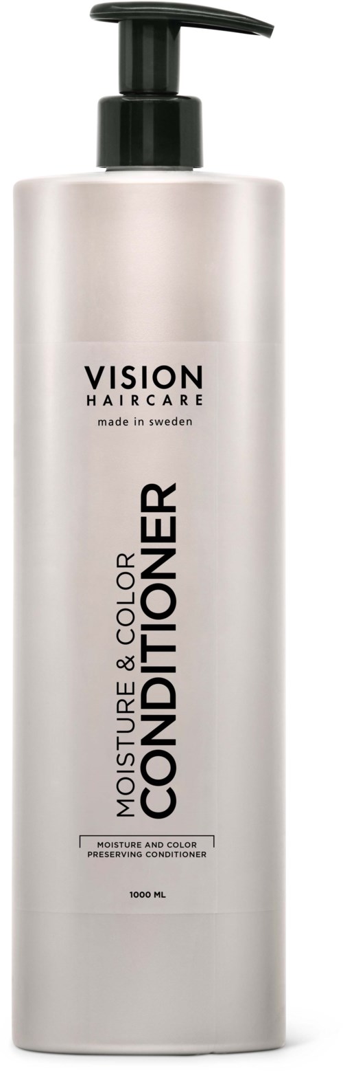 Eine hohe, weiße Flasche mit schwarzem Pumpverschluss, beschriftet mit 'VISION HAIRCARE'. Es ist ein Conditioner für Farbe und Feuchtigkeit.