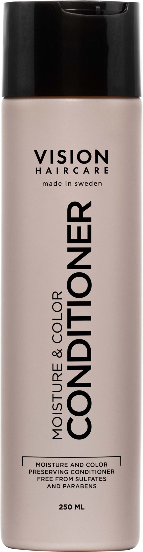 Eine lange, beige Flasche mit schwarzem Deckel, gekennzeichnet mit 'Vision Haircare Moisture & Color Conditioner,' enthält 250 ml.