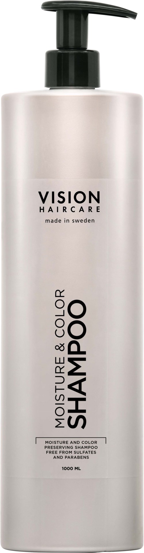 A tall, white bottle with a black pump, labeled 'VISION HAIRCARE', 'MOISTURE & COLOR SHAMPOO', 1000 ml.