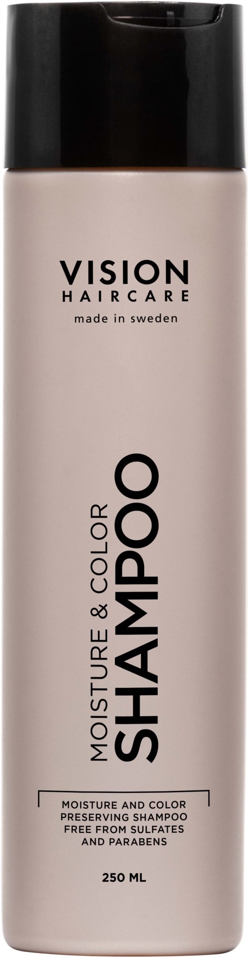 A tall, cylindrical bottle of Vision Haircare Moisture & Color Shampoo, with a black cap, designed for hair care, 250 ml.