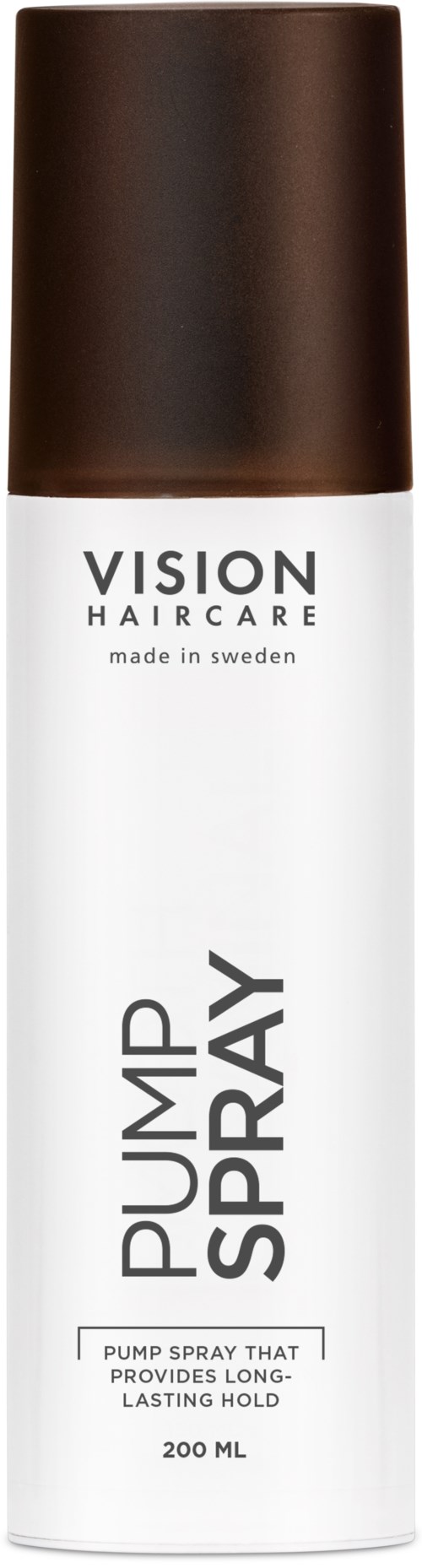 A white and brown can of hair spray labeled "Vision Haircare Pump Spray" with 200 ml capacity.