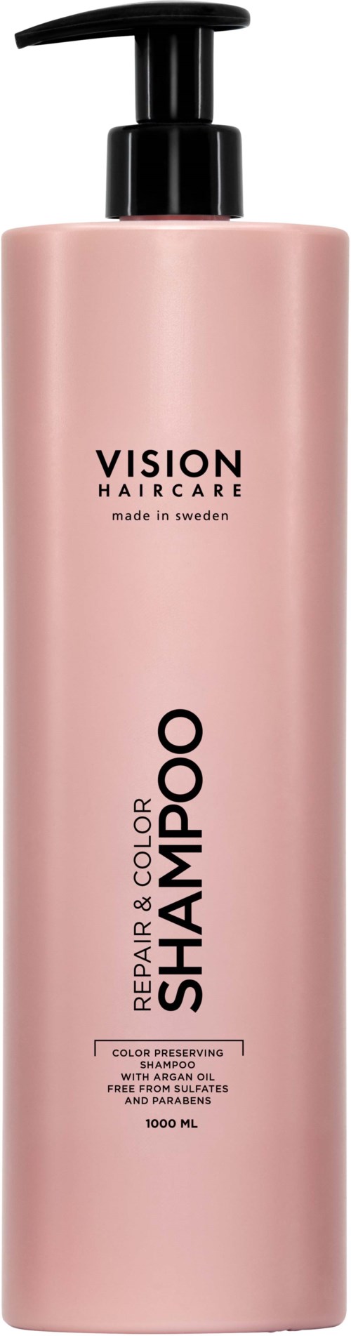 Pink shampoo bottle with black pump, labeled for hair care, made in Sweden, 1000 ml.