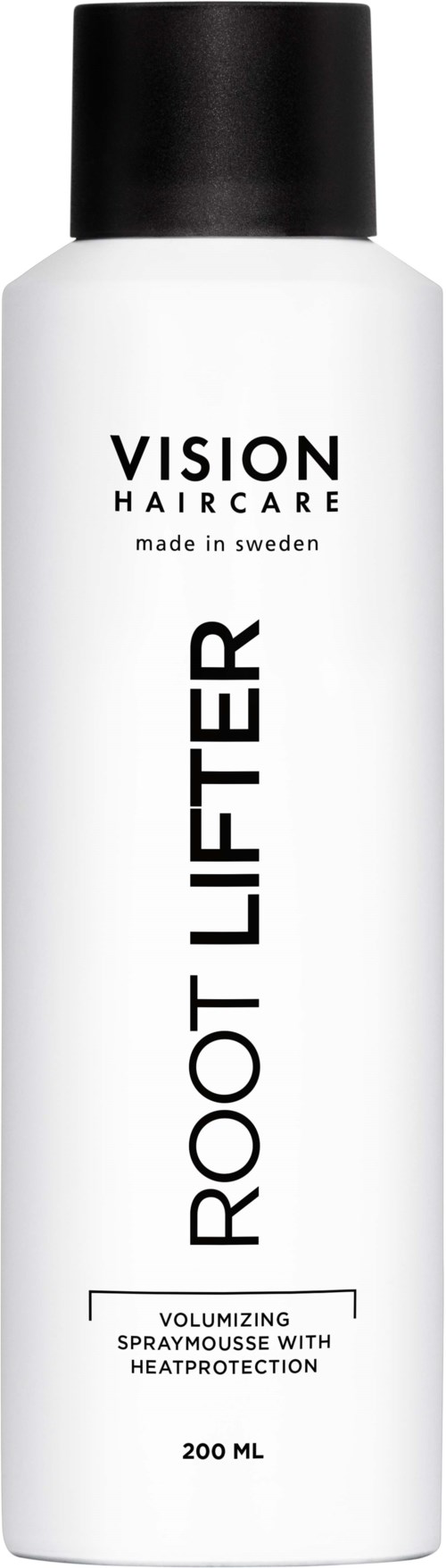 En hvit flaske med svart hette merket 'VISION HAIRCARE' og 'ROOT LIFTER'. Det er en styling spray for hårvolum.