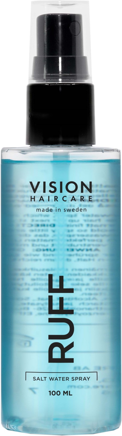 Een doorzichtbare sprayfles met 'RUFF' en 'Vision Haircare', bevat zout water, 100 ml, gemaakt in Zweden.