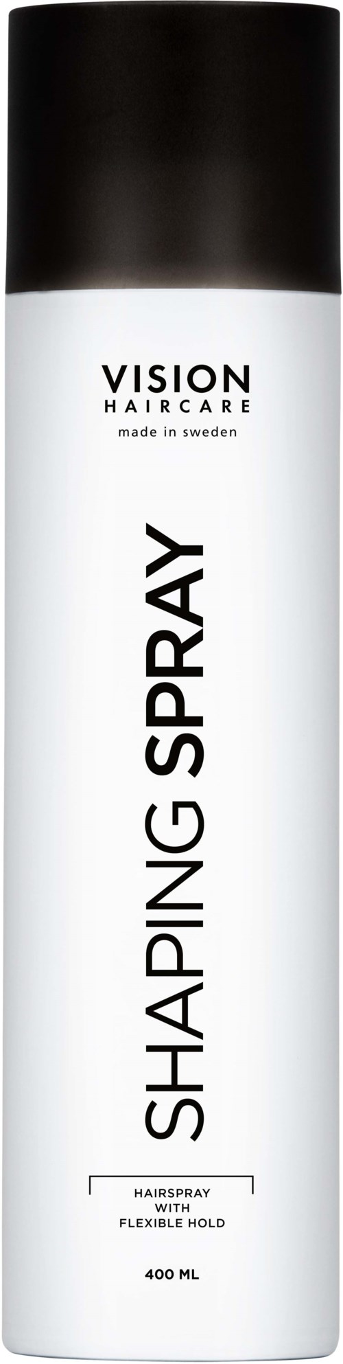 Een lange, witte en zwarte haarlakbus met de tekst 'Shaping Spray' en 'Vision Haircare'.