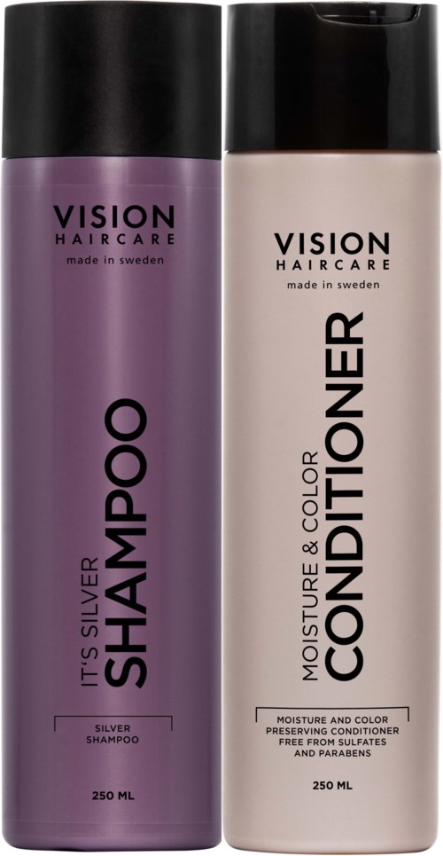 Twee haarverzorgingsflessen, een paars gemarkeerd 'Shampoo' en een beige gemarkeerd 'Conditioner', beide van VISION HAIRCARE.