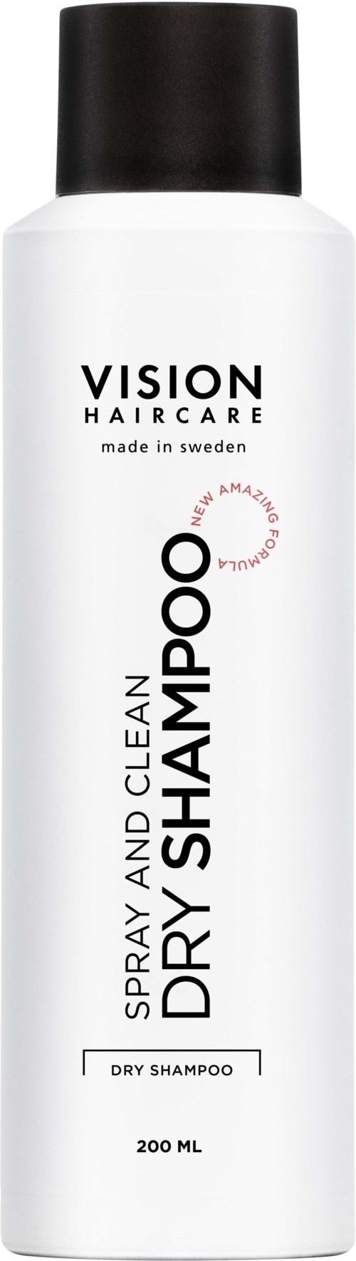 Een witte fles met zwarte dop gemerkt als Vision Haircare droogshampoo, 200 ml.
