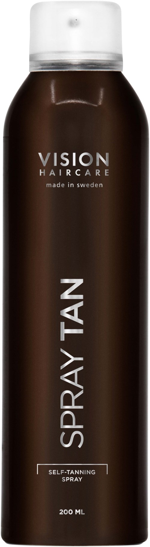 Eine braune Sprühdose mit 'Vision Haircare' für Selbstbräuner, enthält 200 ml.