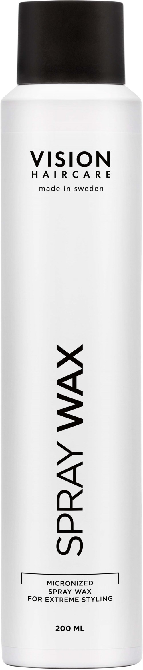 Eine weiße Spraydose mit schwarzem Deckel, gekennzeichnet als Vision Haircare Spray Wax, zum Stylen von Haaren.