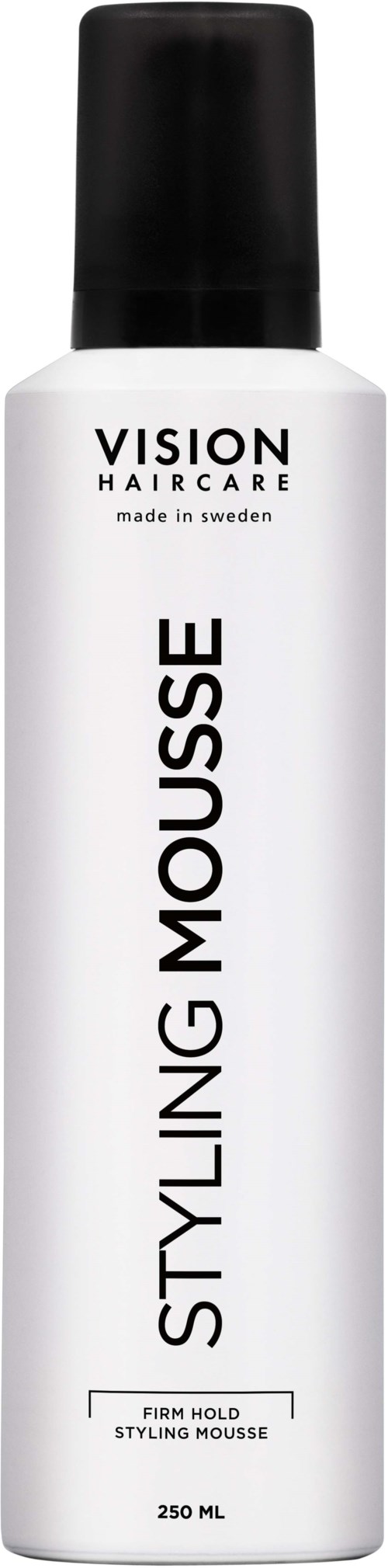 A white bottle with a black cap labeled 'Vision Haircare' and 'Styling Mousse' for hair styling, 250ml.