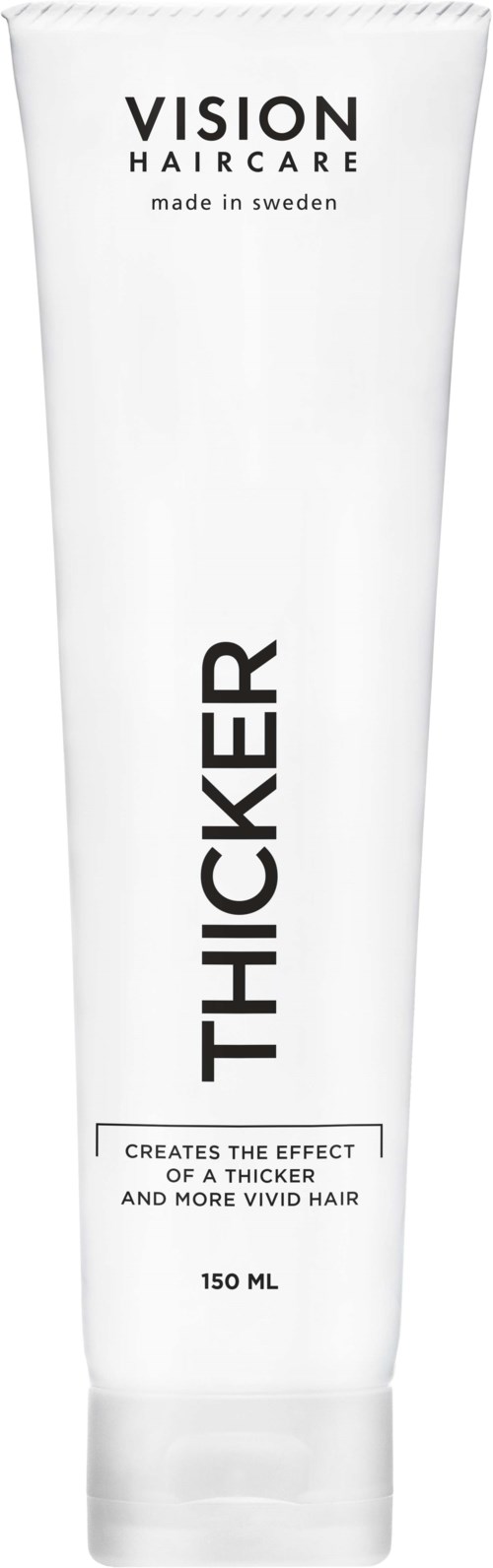 Eine weiße Tube mit 'Vision Haircare Thicker' beschriftet, die dichtere und lebendige Haare schafft, hergestellt in Schweden, 150 ml.