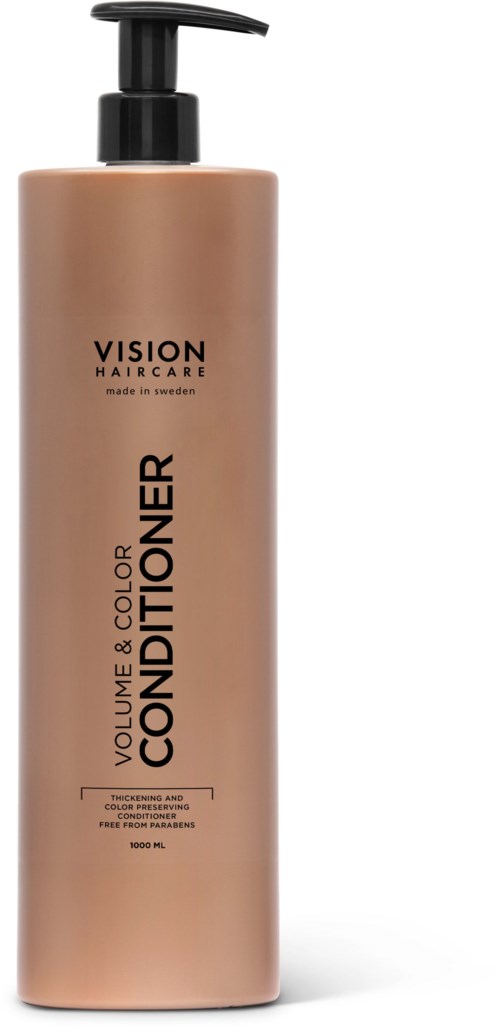 Eine lange beige Flasche mit schwarzem Pumphästchen, für Conditioner, von Vision Haircare, hergestellt in Schweden.