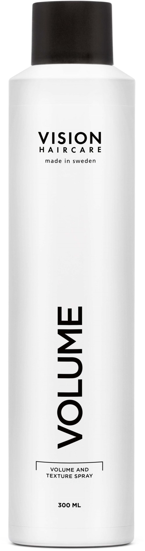 Hvit flaske med svart lokk, viser 'Vision Haircare' og 'Volume' for hårspray, 300 ml.