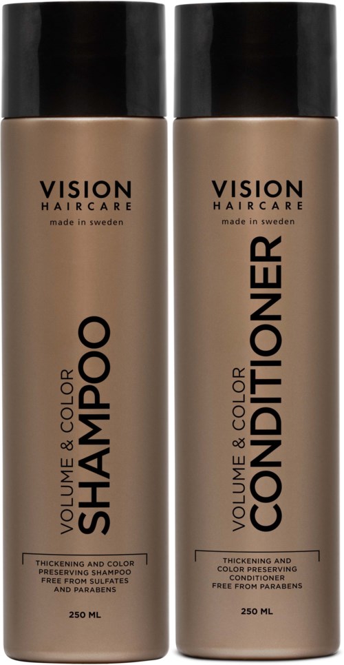 Two hair care bottles labeled "shampoo" and "conditioner" from Vision Haircare, with black caps, beige bottles, and black text.