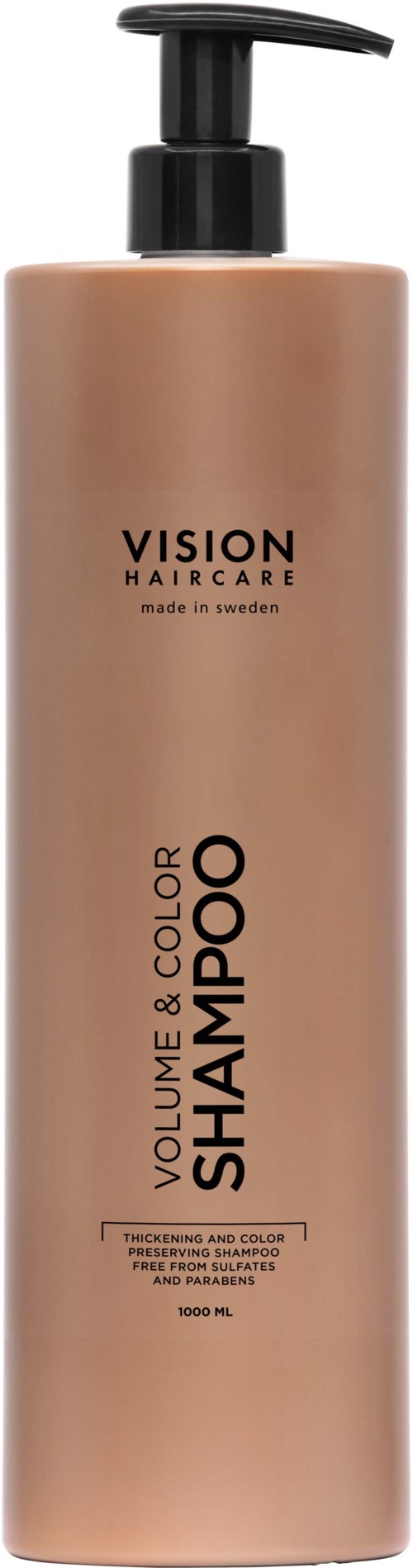 Eine lange Flasche mit Pumpspender, beschriftet mit 'Vision Haircare Volume & Color Shampoo' in beige.