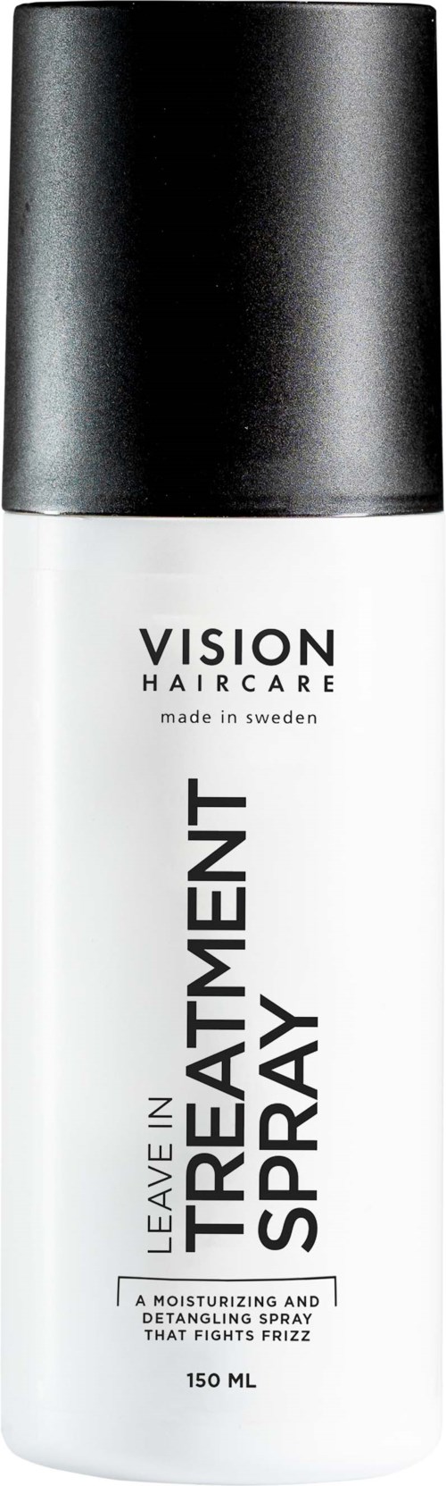 Een witte haarspray met zwart deksel, gelabeld 'Leave-in Treatment Spray' door Vision Haircare.