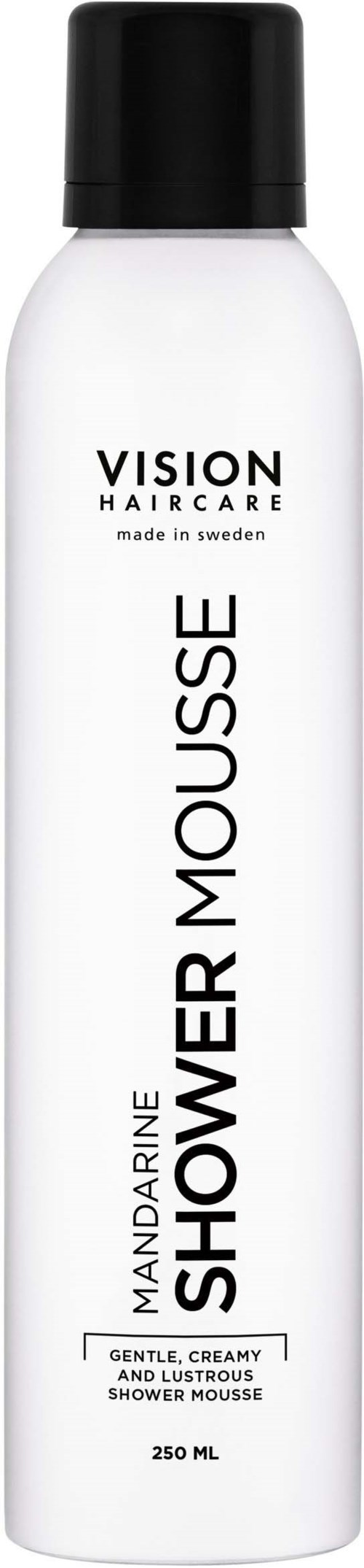 Valkoinen pullo mustalla korkilla, teksti 'Vision Haircare' ja 'Mandarin Shower Mousse'.