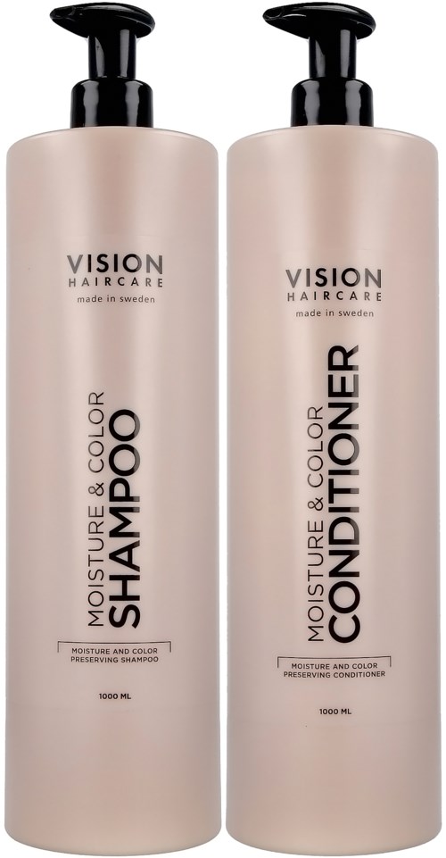 Two large bottles of hair care products, one for shampoo and one for conditioner, with pump dispensers, labeled 'Moisture & Color'.