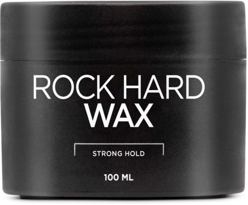 Een zwarte pot met 'Rock Hard Wax', 'Strong Hold' en '100 ML' erop.