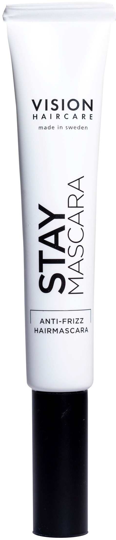 Een witte haarmascara-tube met zwarte dop, gemarkeerd "STAY MASCARA" voor anti-frizz haarverzorging.