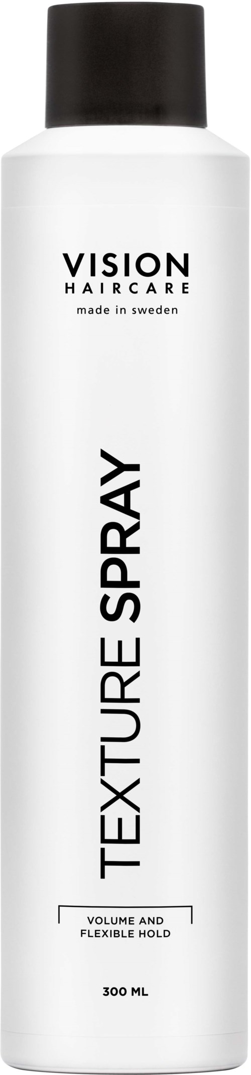 En lang, hvit flaske med svart lokk, merket 'VISION HAIRCARE' og 'TEXTURE SPRAY,' som viser dens formål for hårstyling.