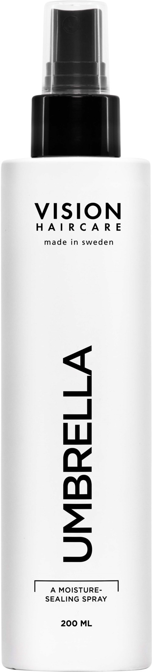 Eine weiße Sprühflasche mit der Aufschrift 'UMBRELLA', mit schwarzem Deckel, für Feuchtigkeitsversiegelung, von Vision Haircare, hergestellt in Schweden.