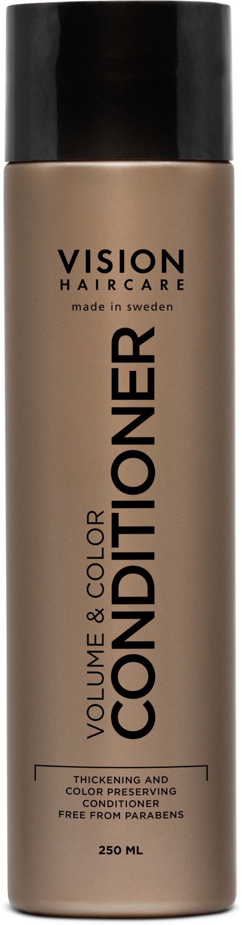 A beige bottle labeled 'Vision Haircare Volume & Color Conditioner' with a black cap, containing 250 ml of hair product.