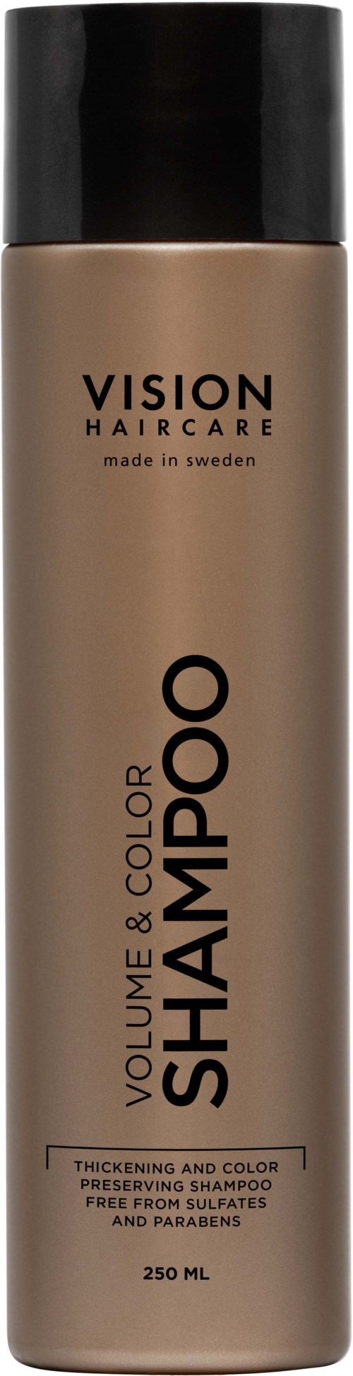 Een beige fles shampoo met een zwarte dop, gemarkeerd als Vision Haircare, voor volume en kleurbescherming, 250ml.