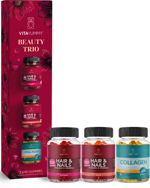 Box med tre flaskor vitaminer för hår och naglar samt en blomsterförpackning för Vitayummy Beauty Trio-tillskott.