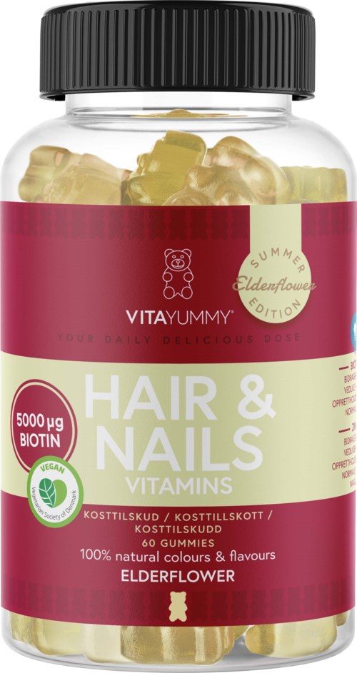 Flesje met gummies voor haar en nagels, bevat biotine, vitamines en vlierbloesemsmaak, 60 gummies. Compact en kleurrijk.
