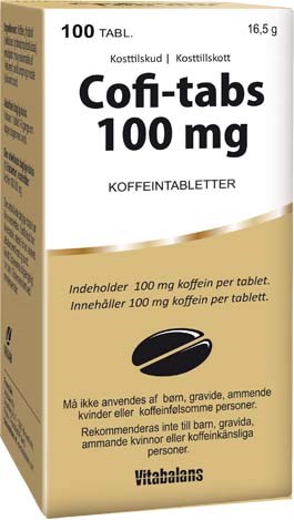 Cofi-tabs 100 mg pakkauksessa kyltti ja kahvipavunkuva.